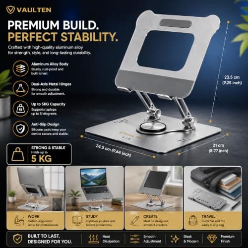 VAULTEN Laptop Stand for Table, Premium Adjustable Laptop Stand Metal with 360° Rotating Base, Ergonomic Foldable Portable Laptop Holder for Desk, Compatible with All Laptops (Wide Compatibility) 3