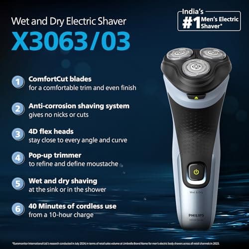 Philips Electric Shaver For Men, Skinprotect Technology, Wet And Dry Shave, 3D Floating Heads, 27 Self Sharpening Blades, Pop-Up Trimmer, Cordless, Waterproof X3063/03 (New Model), Blue 2