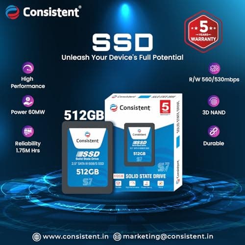 Consistent SSD 512GB 2.5 Inch SATA Internal SSD - Read: 550MB/s & Write: 500MB/s - Solid-State Drive 5 Year Warranty (512, GB) 3