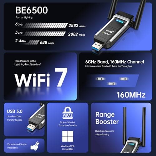 EDUP USB WiFi 7 Adapter BE6500 Wireless Network Card IEEE 802.11be Tri-Band 6GHz/5GHz/2.4GHz for Desktop PC Laptop, Wireless Netword Card for Gaming, Compatible with Windows 11/10 3