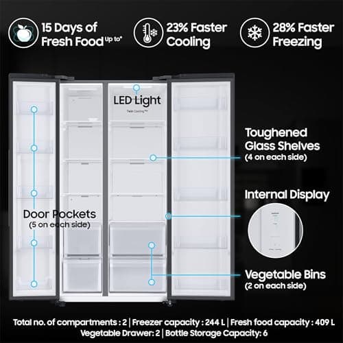 Samsung 653 L, 3 Star, Frost Free, Double Door, Convertible 5-in-1 Digital Inverter, Side By Side AI Enabled Smart Refrigerator with WiFi (RS76CG8003B1HL, Black Matte/Black DOI) 4
