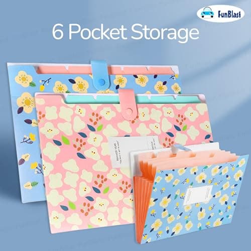 FunBlast File Folder with Button Lock – Floral Print A4 Size Certificates Holder with 6 Pockets, Office Documents File, Expandable Folders for Documents -Multicolour (Pack of 2 Pcs) 5
