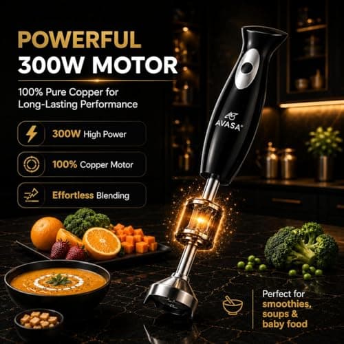 AVASA Premium Hand Blender I 300W Pure Copper Motor I Stainless Steel Rod I BIS Certified I Made in India I Powerful & Sleek Design for Smoothies, Soups & Chutneys 2
