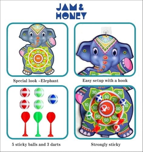 Amazon Brand - Jam & Honey Dart Game for Kids Cartoon Target Game Toy Sets Dart Board with 5 Velcro Balls and 1 Hanger -Children's Indoor Outdoor Sport Game Toys Gifts (Elephant (5 Balls and 3 Darts)) 4