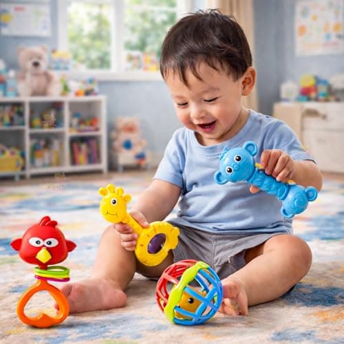 WISHKEY Colorful Attractive Plastic Non Toxic Set of 8 Shake & Grab Rattle BPA Free for New Born and Infants (Pack of 8, Multicolor) 3