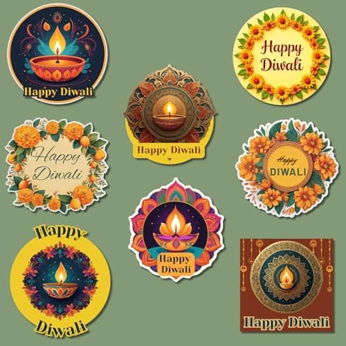 IKBOE Greetsy Set of 96 Diwali Stickers in Unique Shapes | Festival Stickers | 8 Unique Designs (12 Each) | 1.6 Inch Decorative Labels for Gift Boxes, Envelopes, Return Gifts & Diwali Decorations