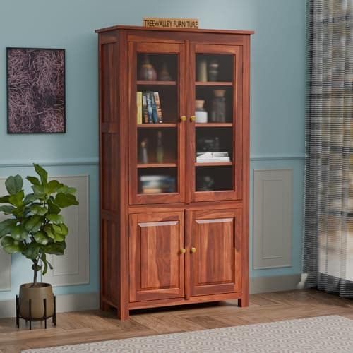 TreeWalley Solid Sheesham Wood Crockery Cabinet with 2 Acrylic Glass Doors | Wooden Wardrobe Kitchen Cabinet with 6 Shelves Storage | Bookcase for Living Room, Bedroom & Office | Honey Finish