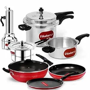 Blueberry's Premium 7-Set Combo Offer Pressure Cooker 5-LTR+3-LTR,Kadai,Tawa Pan,Fry Pan,Puttu Kudam,Sauce Pan Combo Gift Set