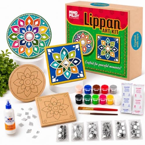 Mind Pilot Lippan Art Kit for Adults & Kids | DIY Mirror Art & Clay Wall Décor Kit – 2 Pre-Marked Coasters, Mouldit Clay, 150+ Mirror Pieces, 12 Colours | Make-Your-Own Home Décor & Craft | Birthday R
