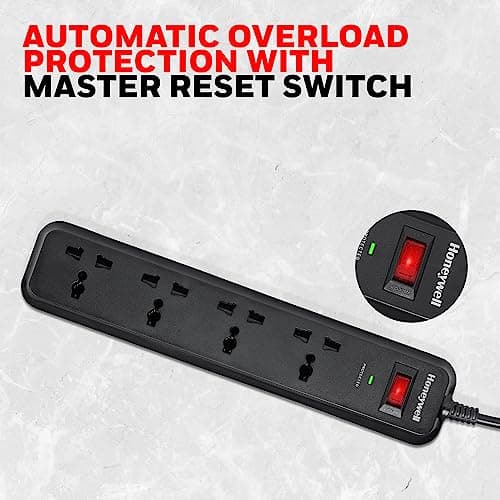 Honeywell Surge Protector, 4 Universal Sockets,15000Amp, 2 Meter Cord, Device Secure Warranty, Automatic Overload Protection, Spike Guard/Extension Board, Master Switch, 3Years Manufacturer Warranty 5