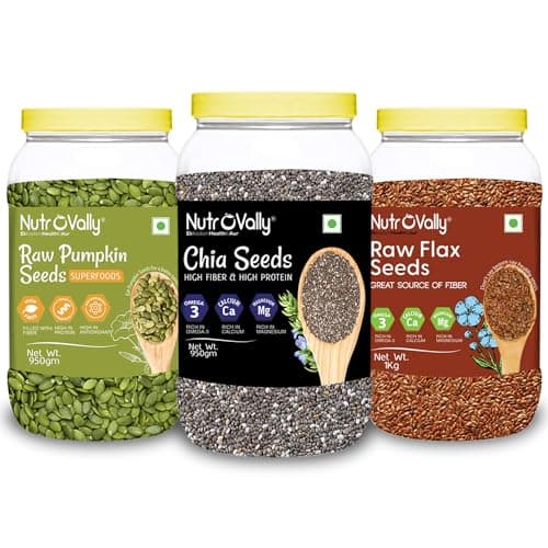 NutroVally Premium Chia Seeds, Flax Seeds & Pumpkin Seeds 1kg Each (Pack of 3 – 3kg Total) | Rich in Omega-3, Fiber, Protein & Antioxidants | Natural Superfood for Smoothies, Baking & Healthy Snacks
