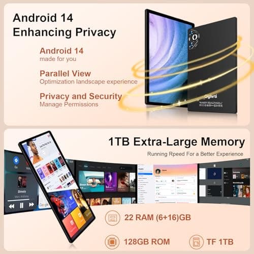 Dghrti Android 14 Tablet, 22GB RAM, 128GB ROM, 1TB Expansion, 10.1" Touchscreen Tablet, Powerful Octa-Core, 8000mAh Battery, 2 in 1 Tablet with Keyboard, Mouse, 3
