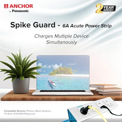 anchor by panasonic 22061 6A Power Strip 4 Socket Spike Guard with Single Switch (1.5 m, White and Blue) 4