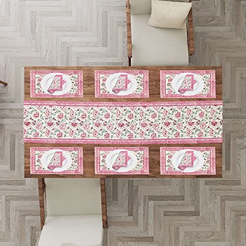 BLOCKS OF INDIA Hand Block Printed Cotton Table Runner, Mat and Napkin Set for Center/Dining Table (Pink Jaal), Large 3