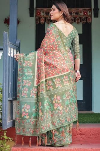 SGF11 Women's Cotton Linen Silk Saree With Unstitched Blouse Piece (Pink Green) 4