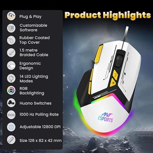 Ant Esports GM333 Smartchoice Wired Gaming Mouse, 12800 DPI Optical Sensor, Ergonomic Design, RGB Lighting, Huano Switches, 1.5M Braided Cable, Inbuilt Software Support, Black/White/Yellow 2