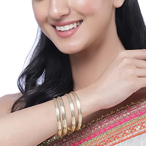 ZENEME Set Of 4 Gold-Plated Traditional Dual Toned Gold & Silver Handcrafted Classic Bangles For Girls and Women (Silver Line, 2.8) 4