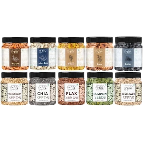 LILA DRY FRUITS Daily Nutrition Power Combo 10 in 1 (100g x 10) Dry Fruits & Seeds Mix Almonds Cashew Raisins Anjeer Chia Flax Pumpkin Sunflower Watermelon Healthy Snack Combo Pack Perfect for Gifting