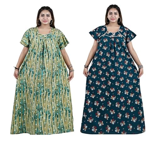 Bejod's Collection Women’s Cotton Nighty Combo Pack of 2, Full Length Printed Maxi Night Gown, Soft Breathable Sleepwear for Women, Plus Size XL, XXL, 3XL