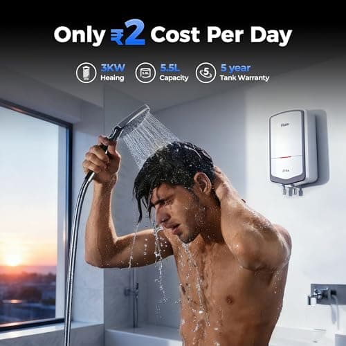 Haier ZYRA 5.5 Litre Instant Water Heater, 3000W Instant Geyser for Bathroom & Kitchen, 5-Year Tank Warranty, Rust Proof Body, Fast Heating, Advance SS Tank, Copper Heating Element, Wall Mount White 2
