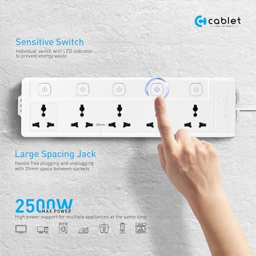 Cablet Extension Board 2500W 10A | 5 Universal Multi Plug Socket with Individual Switches | 1.8 Meter Heavy Duty Cord | LED Indicator, Power Strip & Spike Guard for Home & Office Use 2