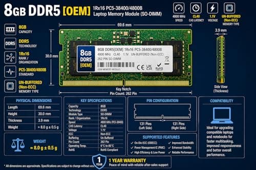 8GB DDR5 4800MHz OEM Laptop RAM Compatible with Samsung [Key Specs: PC5-38400/4800B | 262-Pin SO-DIMM | CL40 | 1Rx16 | 1.1V | Non-ECC] | 1 Year Seller Warranty 4