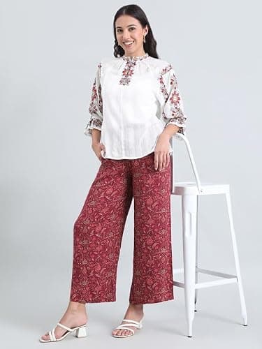 GO COLORS Soft Viscose Printed Palazzo Full Length for Women| Breathable, Mid Rise, Dark Pink 2