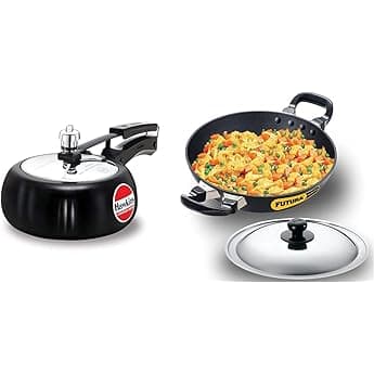 Hawkins Contura Pressure Cooker, 3 Litres and Futura Hard Anodised Aluminium Deep Fry Pan(Fish-Fry Kadhai), 2.5 litres, Black (AFFK25G)