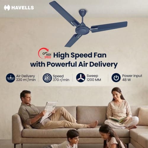 Havells 1200mm Ambrose Neo Energy Saving Ceiling Fan| High Speed, High Air Delivery| Strong & Powerful Motor|Air Delivery: 220 m³/min| Speed: 370 RPM| 2 Year Warranty |(Pack of 1, Matt Blue) 4