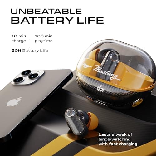 GOBOULT Mustang Sprint in Ear Earbuds with 60H Playtime, Amp App Support, 32dB Active Noise Cancellation, Quad Mic ENC, Dual Device Pairing, 10mm Driver, BTv 6.0 Wireless (Turbo Yellow) 5