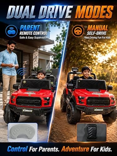 Wishmaster 4x4 Driving EV Cars for 1, 2, 3, 4, 5, 6 Years | Remote + Steering + Mobile App Control | Kids Jeeps (Medium Size F-Raptor [1-8 Year Kids] 3