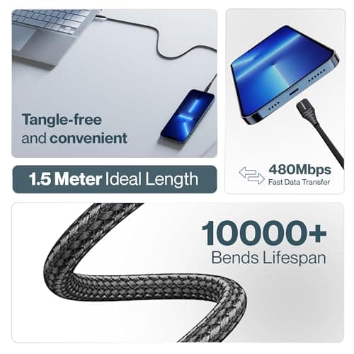 Ambrane Unbreakable 60W Fast Charging 1.5M Braided Type C to Type C Cable for Smartphones, Tablets, Laptops & Other Type C Devices, PD Technology, 480Mbps Data Sync (RCTT15, Black) 3