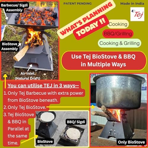 Tej Portable SmokeLess Wood Stove & Barbeque Grill | Quick Start Speedy Fire |Easy Cooking + BBQ at Home, Balcony Outdoor Camping | No Gas/Blower | MultiUse Eco-Friendly Chulha & Coal Sigdi | MS Blk 3