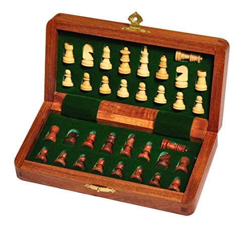 PALM ROYAL HANDICRAFTS Very Small Size Wooden Handmade Foldable Magnetic Chess Board Set with Magnetic Pieces and Extra Queens for Kids and Adults (7.5x7.5 Inches, Brown) 4