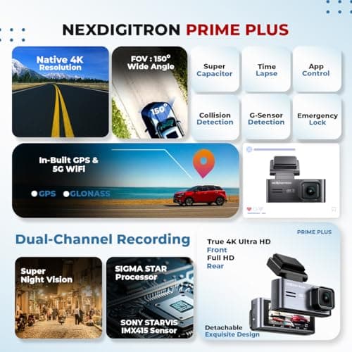 NEXDIGITRON PRIME Plus 4K Dual Channel Dash Camera with in-Built GPS Logger, Real 4K 2160P UHD Front+FHD Rear, IMX415 8MP Sensor, 3.2 Inch Screen, 5 GHz WiFi, Optional Parking Mode, Upto 256GB Support 2