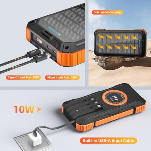YOLOSKS Solar Charger Power Bank 49800mAh Wireless Portable Phone Charger, 22.5W QC3.0 Fast Charging Built in 4 Cables with USB C 6 Outputs & 2 Inputs for All Cell Phone 5
