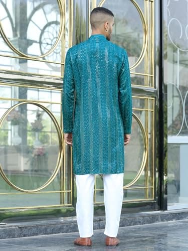 KRAFT INDIA Men Silk Rayon Ethnic Motifs Embroidered Mandarin Collar Sequinned Teal Blue Kurta with Elastic Waistband White Pyjama 3
