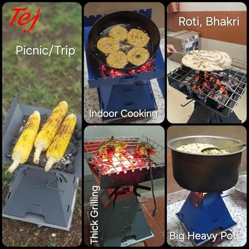 Tej BioStove & Barbecue Grill | Booster Combo of Portable Home, Balcony BBQ & Outdoor Camping Stove| MultiFuel Wood, Charcoal, Pellets | Smoke less, Quick Start, High Heat Tech| MultiUSE| Strong Steel 6