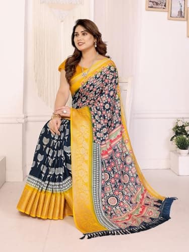 RAJESHWAR FASHION WITH RF Women's Traditional Silk Saree with Floral Print, Navy Blue and Yellow, Contrast Border with Tassels 2