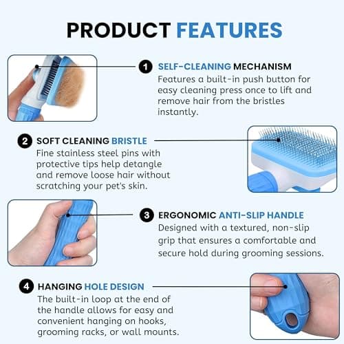 Foodie Puppies Self Cleaning Slicker Brush, Pet Grooming Shedding Brush for Dogs and Cats - Easy to Remove Loose Undercoat, Pet Massaging Tool Suitable for Pets with Long or Short Hair (Rectangular) 4
