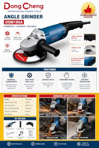 DongCheng Angle Grinder 7" | 2200W | 180mm Wheel Diameter | 8300 RPM | Best For Industrial Heavy Usage | 1 x Pair Of Carbon Brush | 1 x Auxiliary Handle | 1 x Wrench | 1 x Wheel Guard | DSM180A | 2
