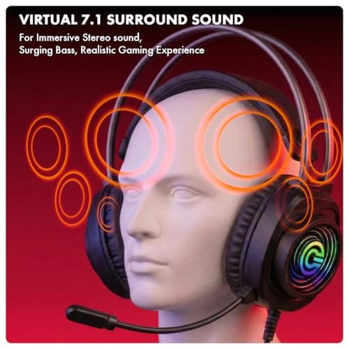 Circle Aura Auster Wired Gaming Over Ear USB Headphones, 3D RGB for Headband, 7.1 Surround Sound, 2.2 Meter Cable, Flexible mic, Memory Foam Cushioning (Black) 4