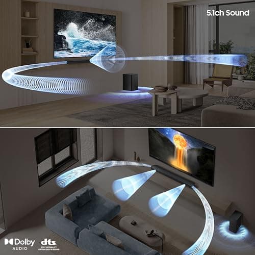 Samsung 400 W 5.1 ch Soundbar with Dolby Audio | DTS Virtual:X | Q-Symphony | Center Speaker | 3D Surround Sound | HDMI ARC | Optical in | Bluetooth | USB | Wireless Subwoofer (HW-B750F/XL, Black) 3