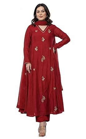 KLOSIA Women Embroidery Solid Anarkali Kurta and Pant Set with Dupatta
