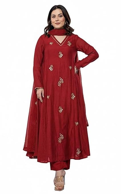 KLOSIA Women Embroidery Solid Anarkali Kurta and Pant Set with Dupatta