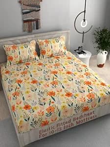DECOMIZER Cotton Feel Glace Cotton Elastic Fitted Printed King Size Double Bed Bedsheet With 2 Pillow Coverm Fits Upto 10 To 12 Inches Mattress,Size- 72X78X14 Inches,Yellow Flowers, 300 Tc