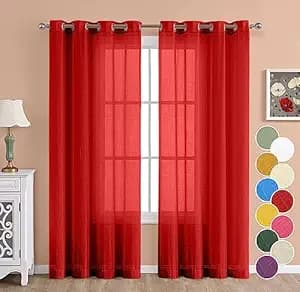 THE LINEN COMPANY Cotton Linen Solid Window Curtain Set with Steel Eyelet Rings- 4 Feet (Chilli Red, Set of 2)