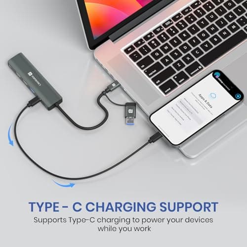 Portronics Mport Edge,5 Ports Dual USB Hub Dock, Superfast USB 3.0, High Speed 2.0, Type-C 5V2A Port, 100 Mbps RJ45 Ethernet, Versatile & High-Speed Connectivity Hub for Laptops & Desktops (Grey) 4