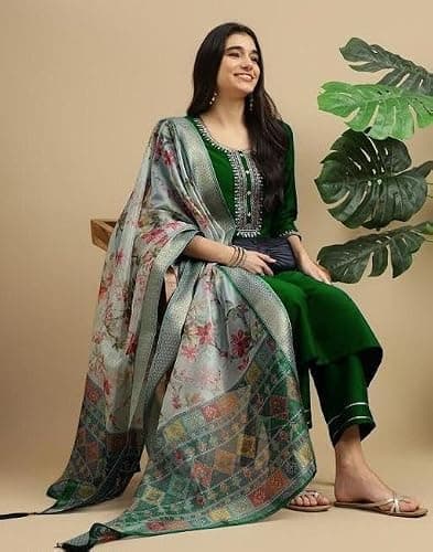 Festive Ready Kurta Set With Dupatta With Subtle Embroidery For Cultural Party Occasion Outfit Green XL 3