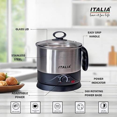 ITALIA Premium Electric 750W Multi Kettle 1.2L with Stainless Steel Body, Egg Rack, Grill Rack, 3 Heating Modes & Rapid Boil Technology, Boiling Water, Tea, Coffee, Oats, Noodle, Soup, Black 2